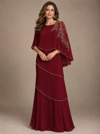 Elegant Chiffon Cape Sleeve Beaded Mother of the Bride Dress