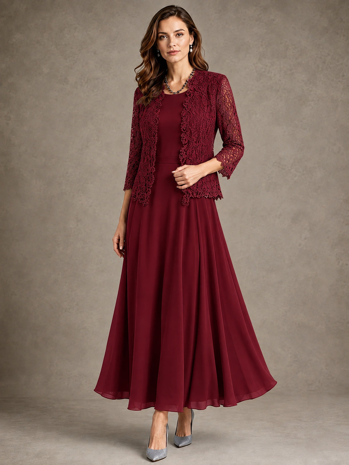 2-Piece Chiffon Mother of the Bride Dress with Lace Jacket