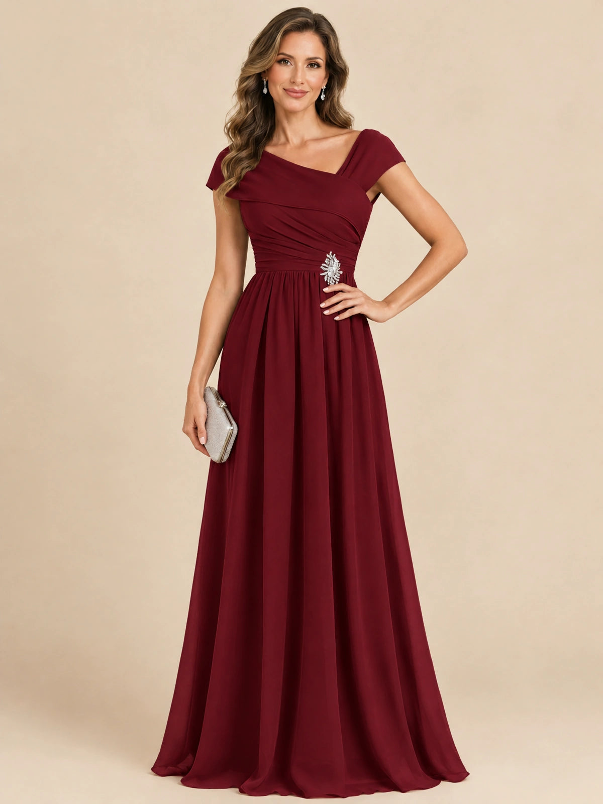 Cap Sleeve Mother of The Bride Dresses Long Chiffon Formal Gowns