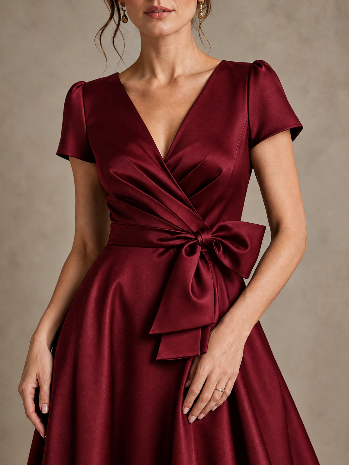 V-Neck Tea-Length Satin Mother of the Bride Dress with Bow