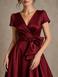 V-Neck Tea-Length Satin Mother of the Bride Dress with Bow
