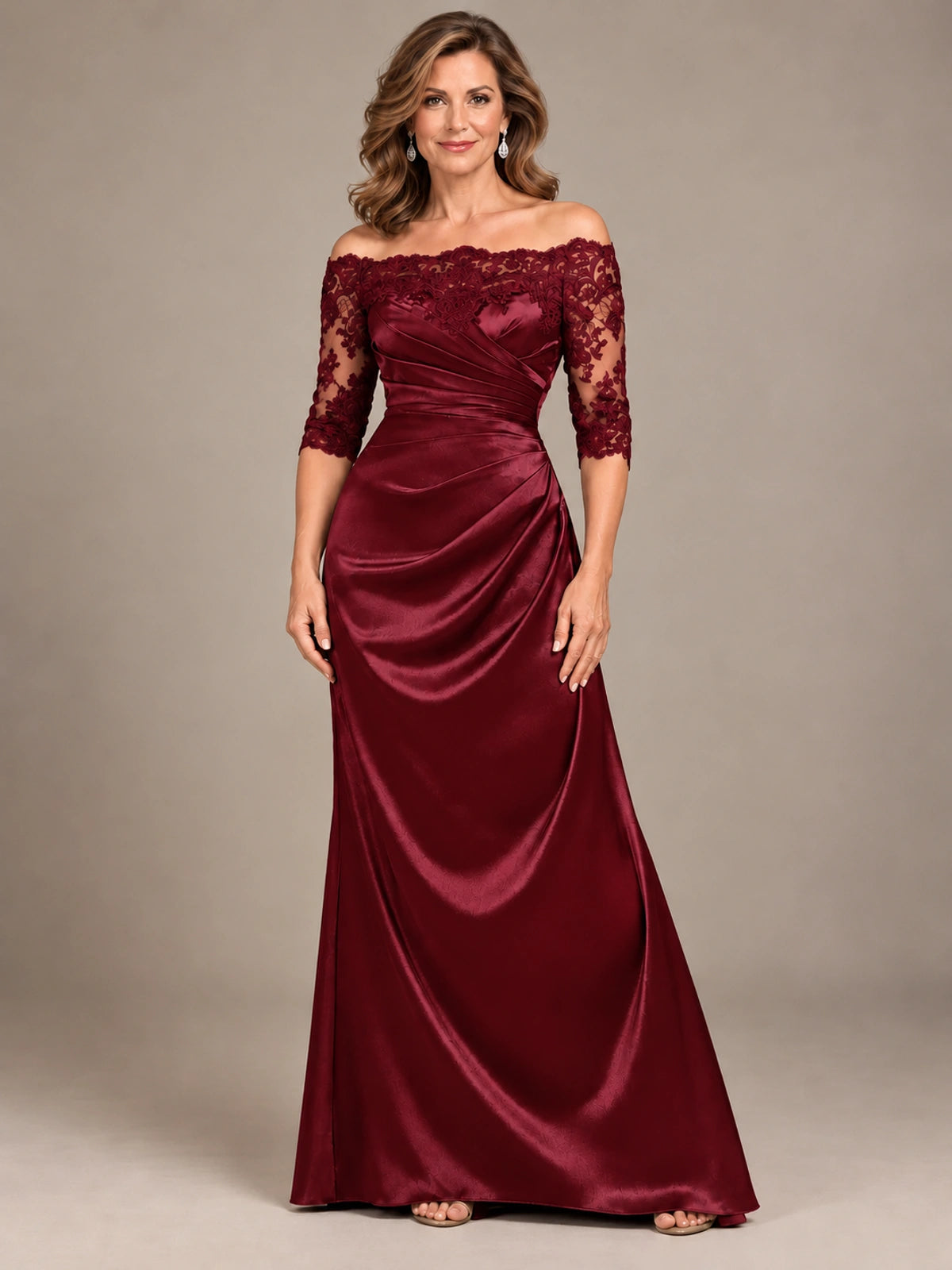 Satin Mother of the Bride Dress with Lace Sleeves Off Shoulder Formal Gown
