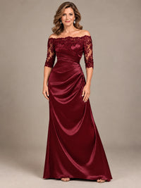 Satin Mother of the Bride Dress with Lace Sleeves Off Shoulder Formal Gown