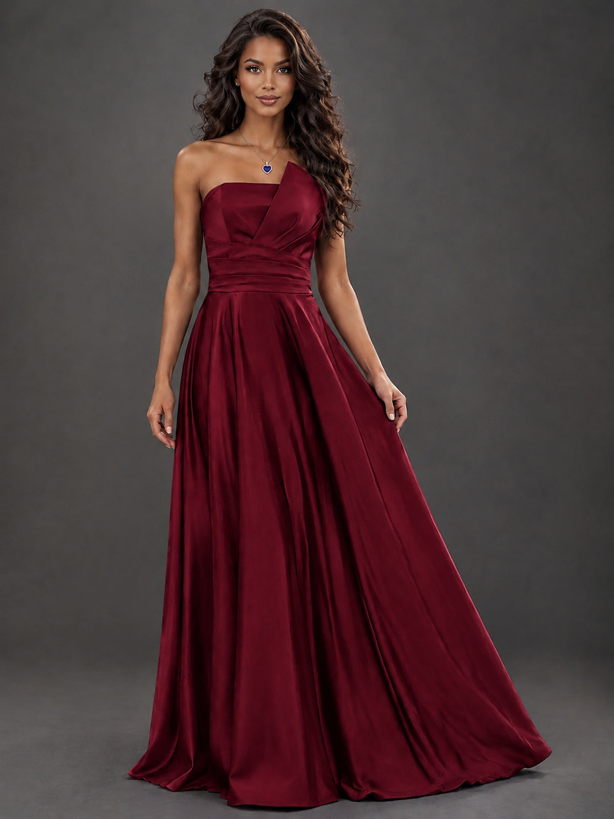 Draped Satin Prom Dress Strapless A-line Formal Dress Floor Length