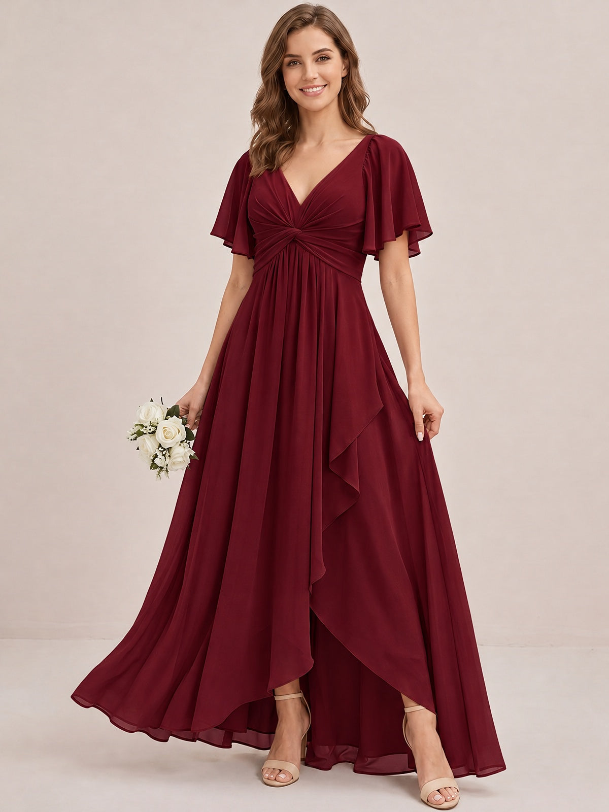 Dusty Blue Chiffon Bridesmaid Dress with Flutter Sleeves & High-Low Hem