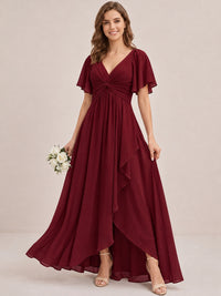 Dusty Blue Chiffon Bridesmaid Dress with Flutter Sleeves & High-Low Hem