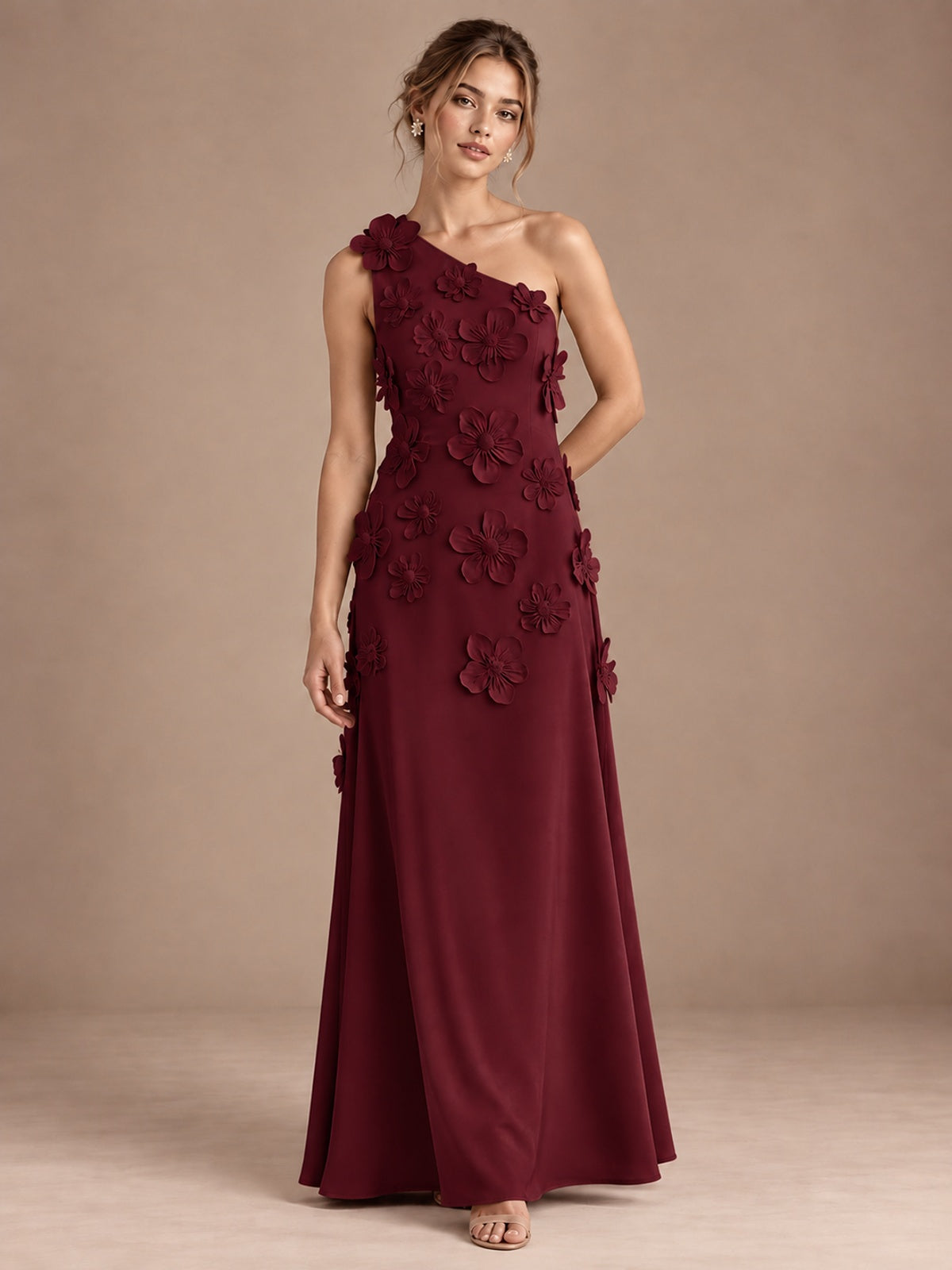 Burgundy- One Shoulder Satin Formal Maxi Dress with 3D Floral