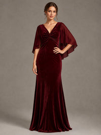 Navy Blue Velvet V Neck Mermaid Formal Dress with Flutter Cape Sleeves