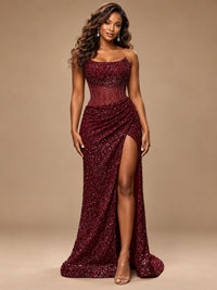 Gold Sequin Strapless Corset Prom Dress with High Slit