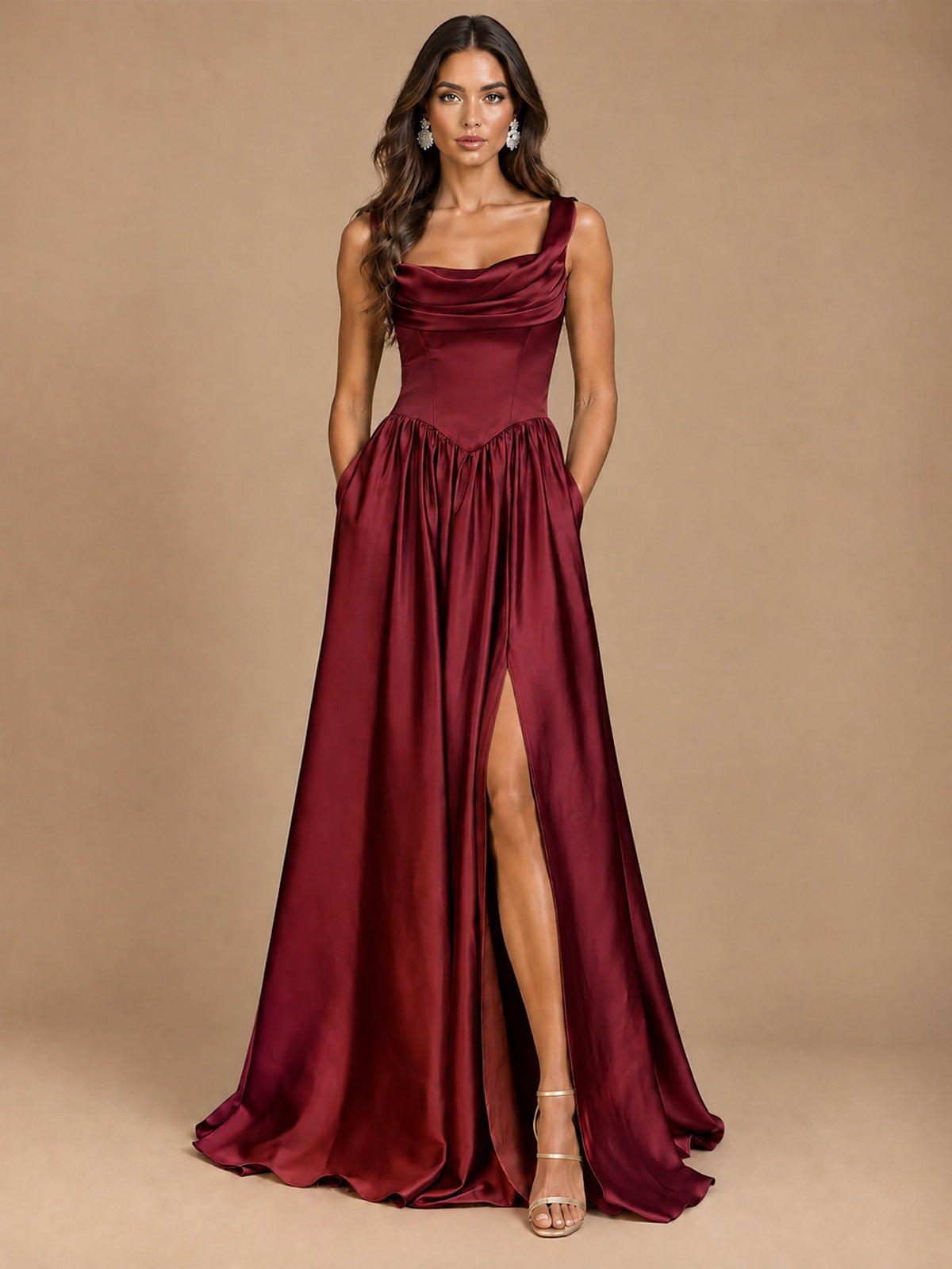 Cowl Neck Pleated Satin Prom Dress with Pockets & Slit Maxi Formal Gowns