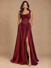 Cowl Neck Pleated Satin Prom Dress with Pockets & Slit Maxi Formal Gowns