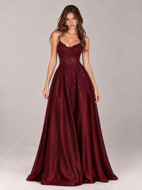 Lace Applique Satin A-Line Prom Dress with Sheer Bodice