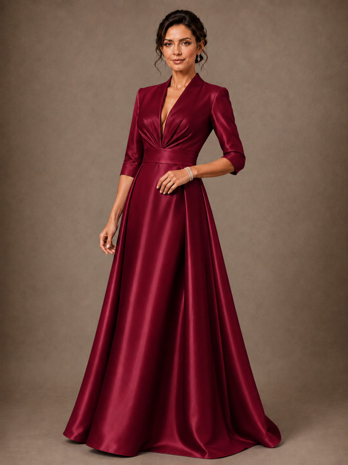 V-Neck Pleated Satin Mother of the Bride Gown with 3/4 Sleeves
