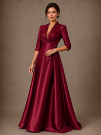 V-Neck Pleated Satin Mother of the Bride Gown with 3/4 Sleeves