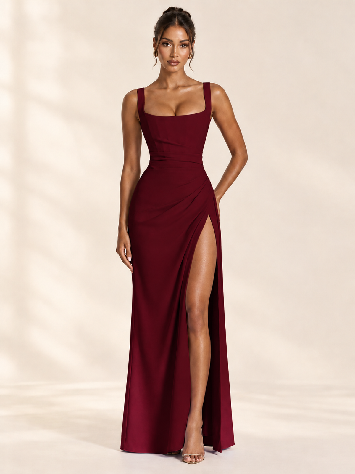 Square Neck Satin Sleeveless Ruched Prom Dress with High Slit