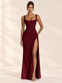 Square Neck Satin Sleeveless Ruched Prom Dress with High Slit