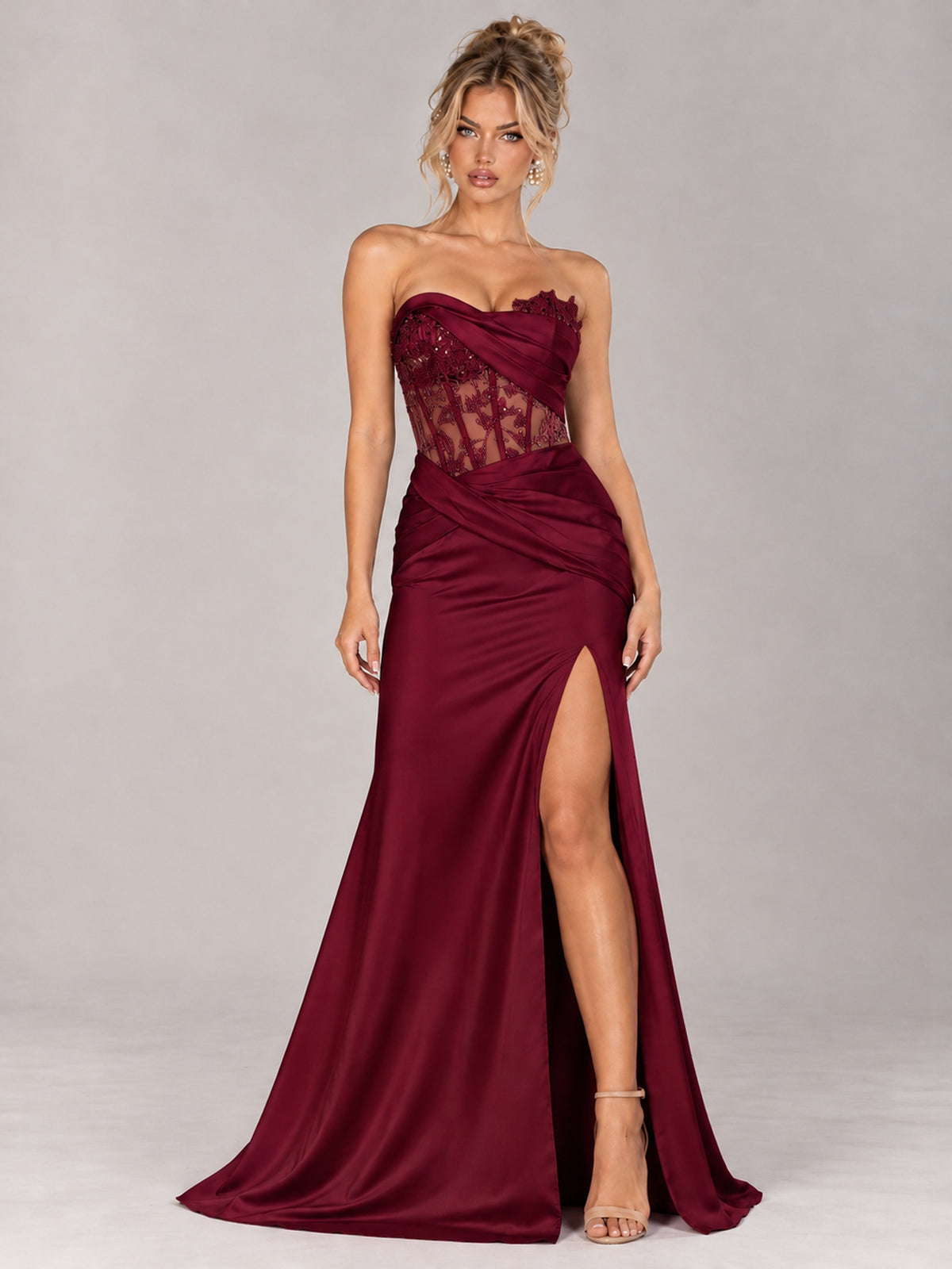 Strapless Satin Prom Dress with Sheer Lace Corset & High Slit