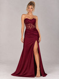 Strapless Satin Prom Dress with Sheer Lace Corset & High Slit