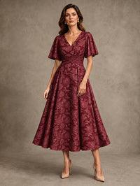 V-Neck Floral Jacquard Tea-Length Mother of the Bride Dress