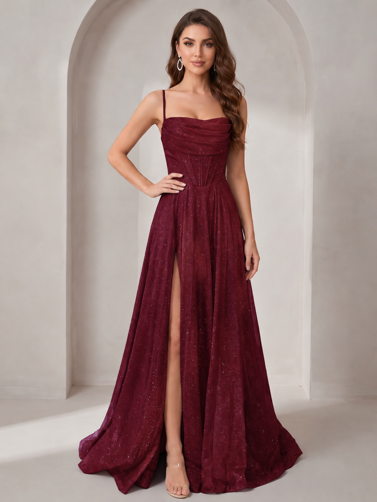 Burgundy Sparkly Cowl Neck Corset Long Prom Dress with Slit A-line Tulle Ball Gown Formal Evning Party Dress