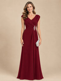 V Neck Pleated Mother of The Bride Dresses with Beading Cap Sleeves