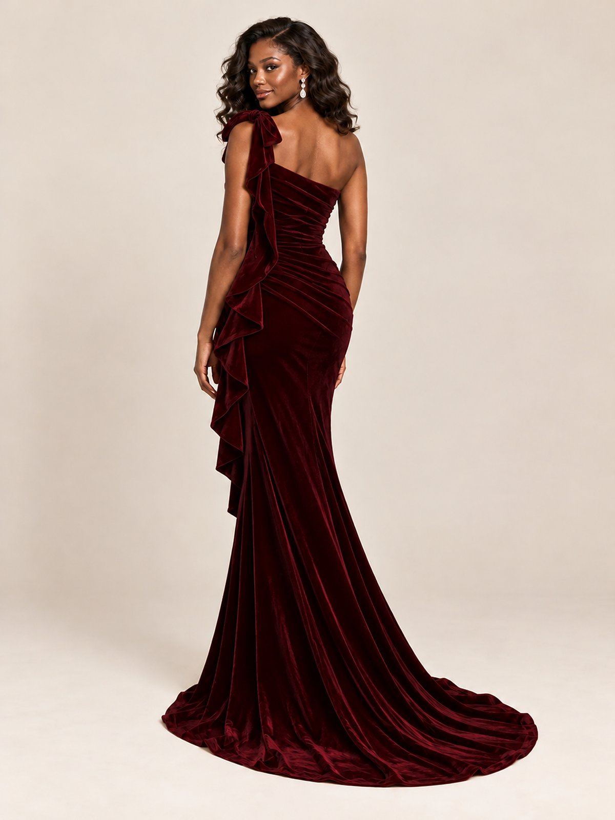 Black Velvet One-Shoulder Mermaid Evening Gown with Bow & Ruffles