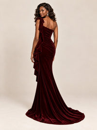 Black Velvet One-Shoulder Mermaid Evening Gown with Bow & Ruffles