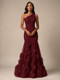 Blush Pink One Shoulder 3D Floral Mermaid Prom Dress