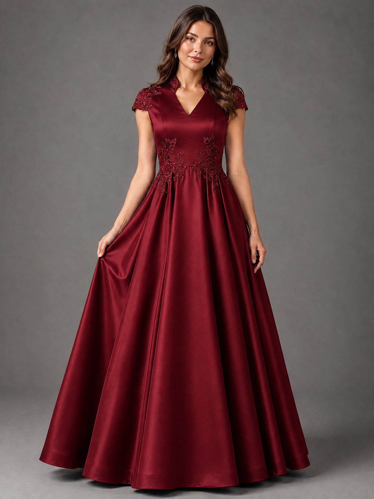 Lace Appliqué A-Line Satin Maxi Dress