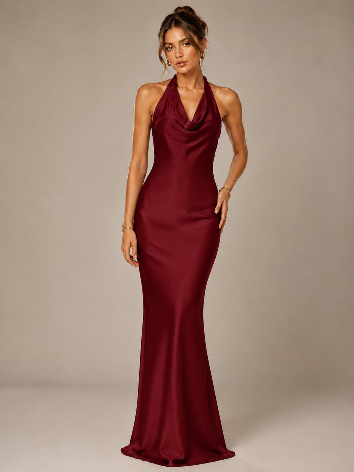 Olive Green Halter Satin Mermaid Maxi Dress