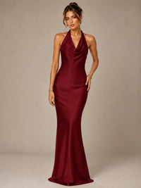 Olive Green Halter Satin Mermaid Maxi Dress