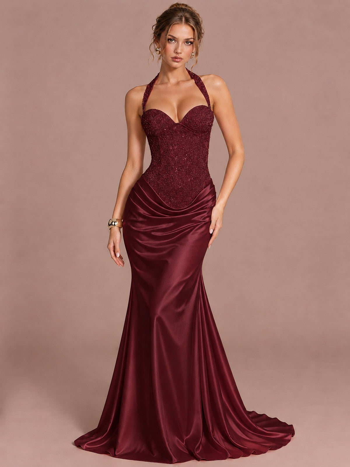 Burgundy Sparkling Halter Corset Satin Mermaid Prom Dress Long Ruched Sequin Formal Gown Evening Party Dress