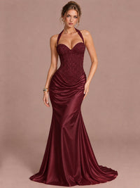 Burgundy Sparkling Halter Corset Satin Mermaid Prom Dress Long Ruched Sequin Formal Gown Evening Party Dress