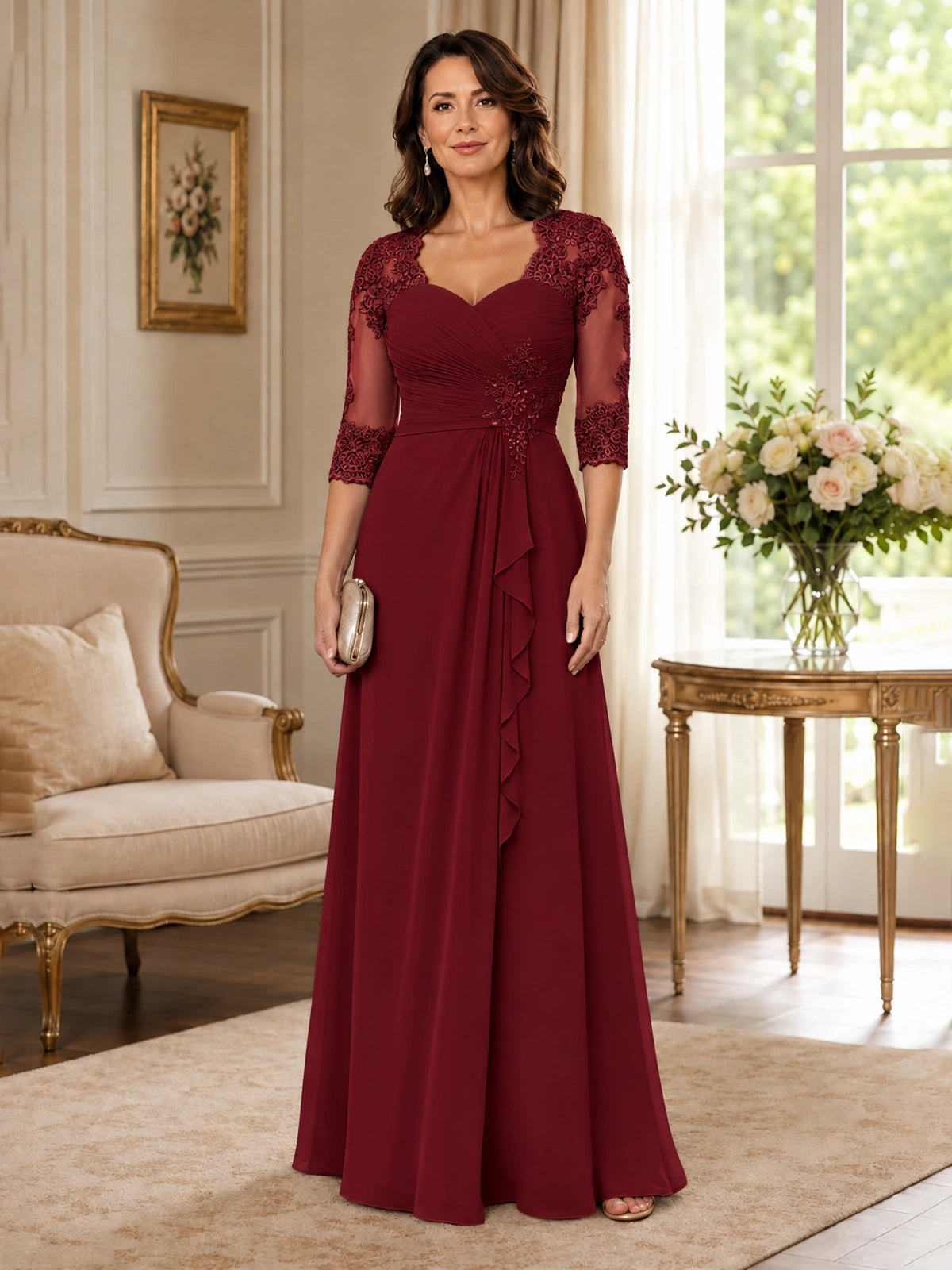 Chiffon Lace Applique Mother of the Bride Dress with 3/4 Sleeves