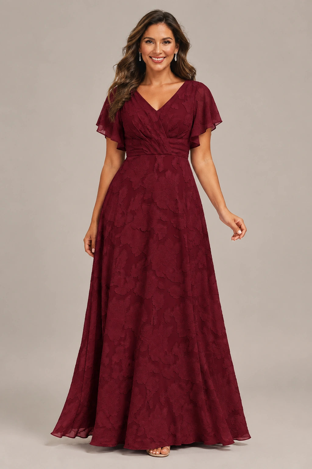 Jovellee Floral Chiffon A-Line Mother of the Bride Dress with Flutter Sleeves
