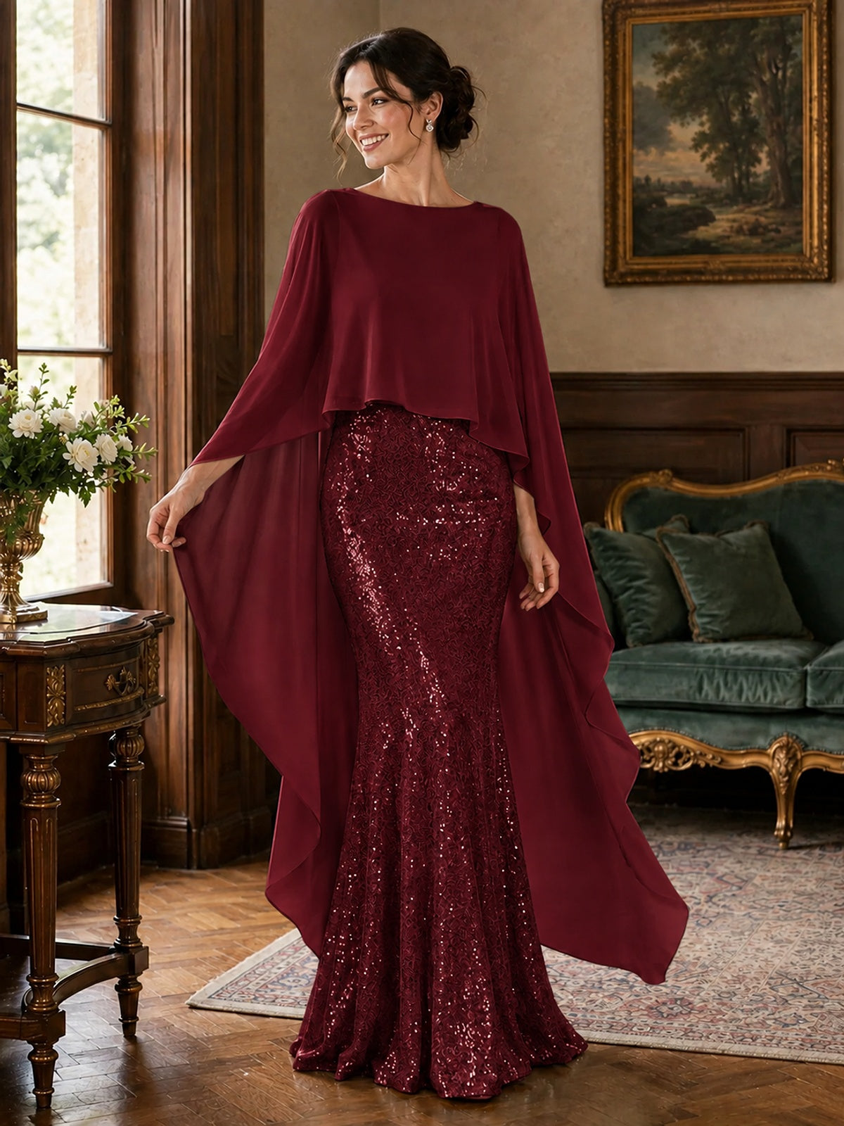 Sequin 2 Pieces Mother of the Bride Dress with Cap Sleeves Chiffon Formal Gowns