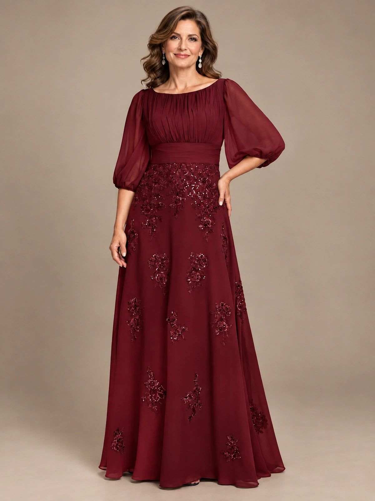 A-Line Mother of the Bride Dress with Sheer Puff Sleeves