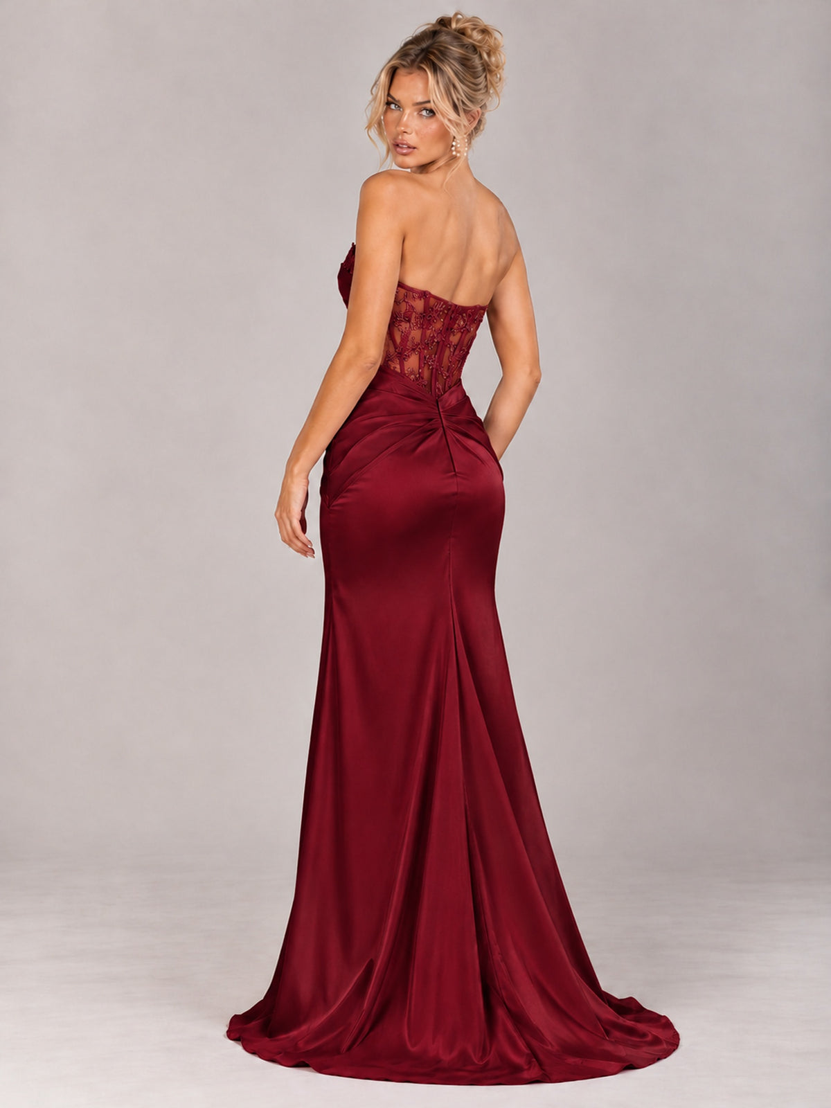 Strapless Satin Prom Dress with Sheer Lace Corset & High Slit