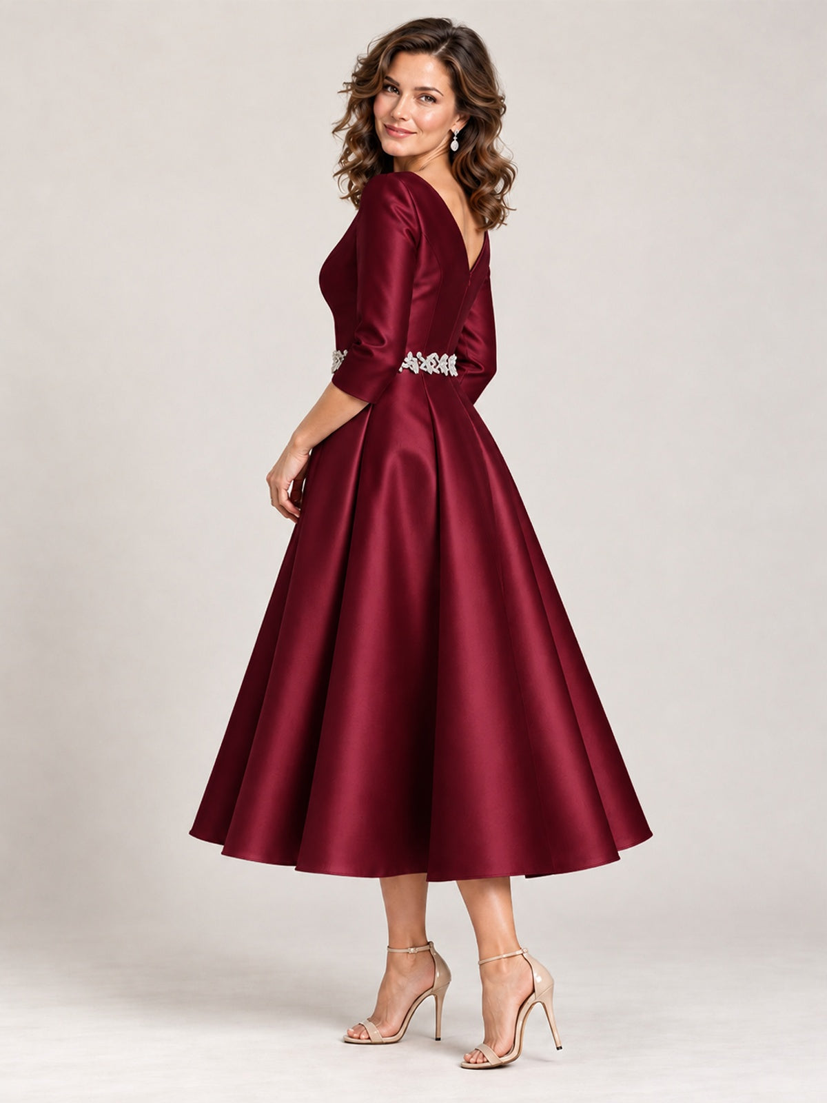 V-Neck Tea-Length Mother of the Bride Dress with Embellished Waist