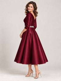 V-Neck Tea-Length Mother of the Bride Dress with Embellished Waist