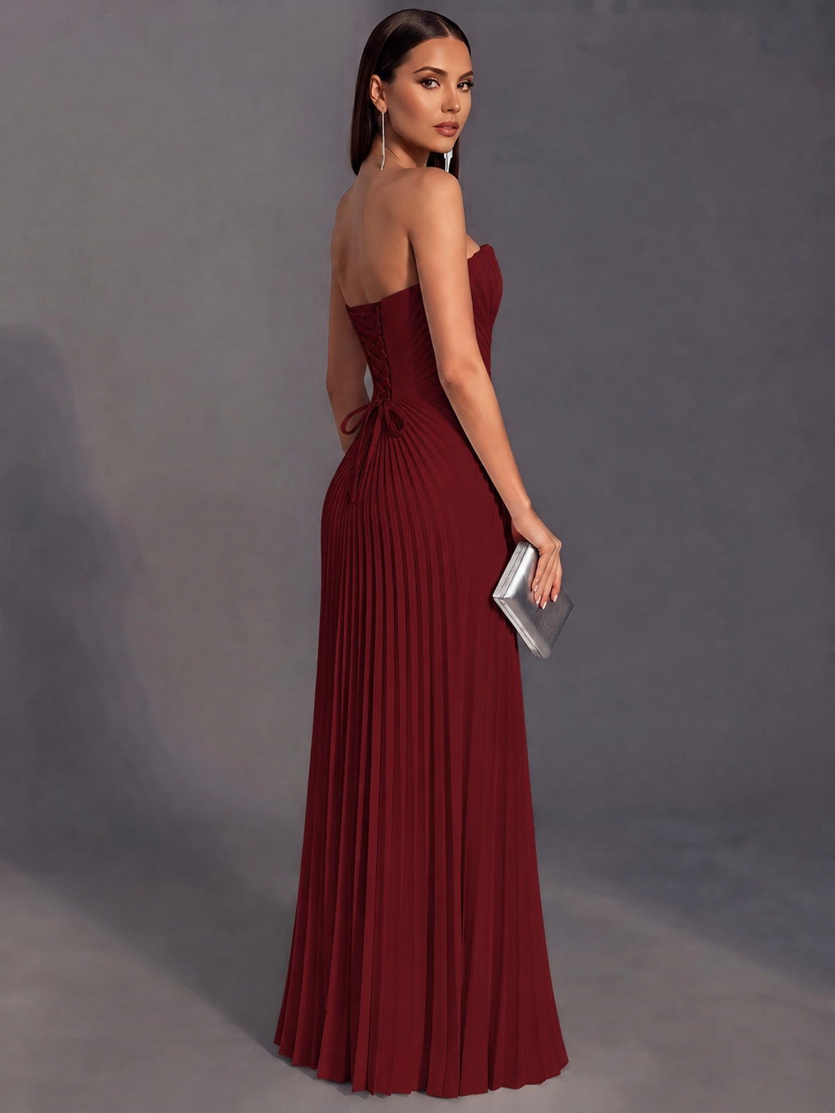 Strapless A-line Long Pleated Satin Prom Dress