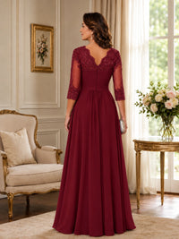 Chiffon Lace Applique Mother of the Bride Dress with 3/4 Sleeves