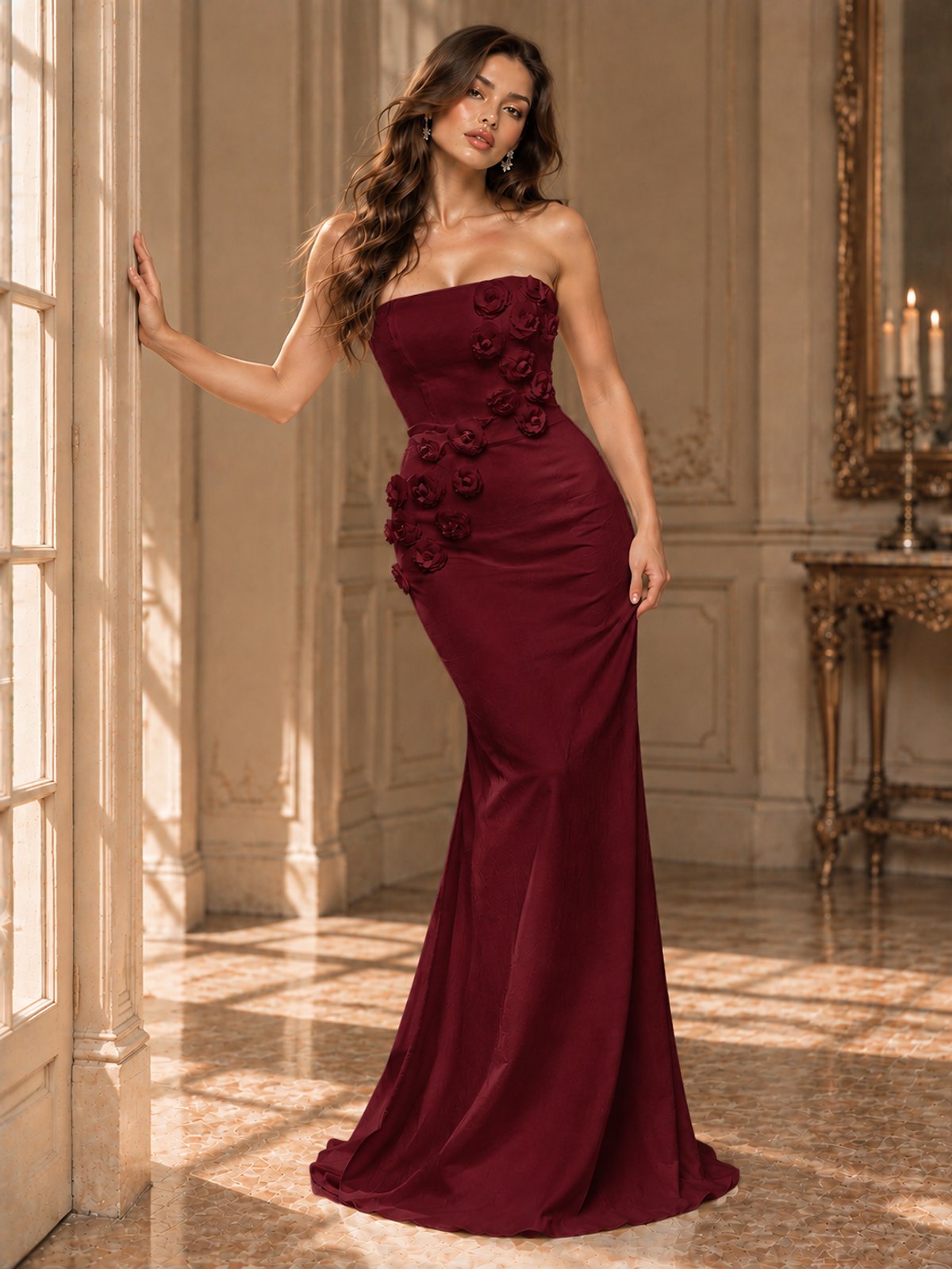 White Strapless Mermaid Maxi Dress with 3D Floral Appliques
