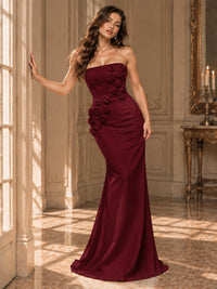 White Strapless Mermaid Maxi Dress with 3D Floral Appliques