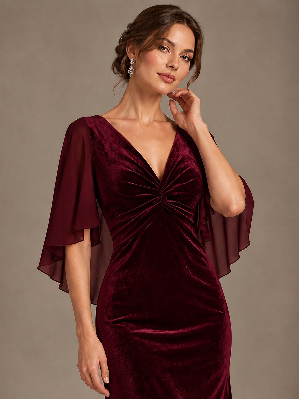 Navy Blue Velvet V Neck Mermaid Formal Dress with Flutter Cape Sleeves