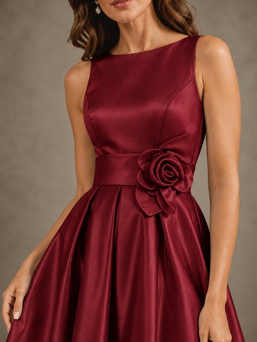 Tea-Length Satin Mother of the Bride Dress with 3D Flower Detail