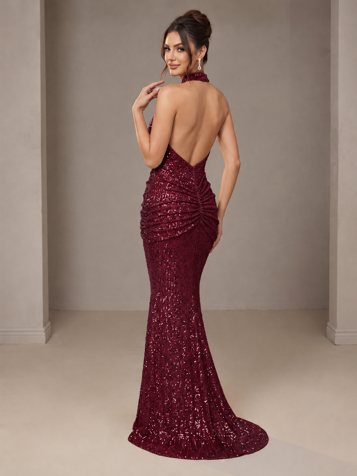 Gold Halter Sequin Mermaid Ruched Prom Dress Long Ruched Evening Gown