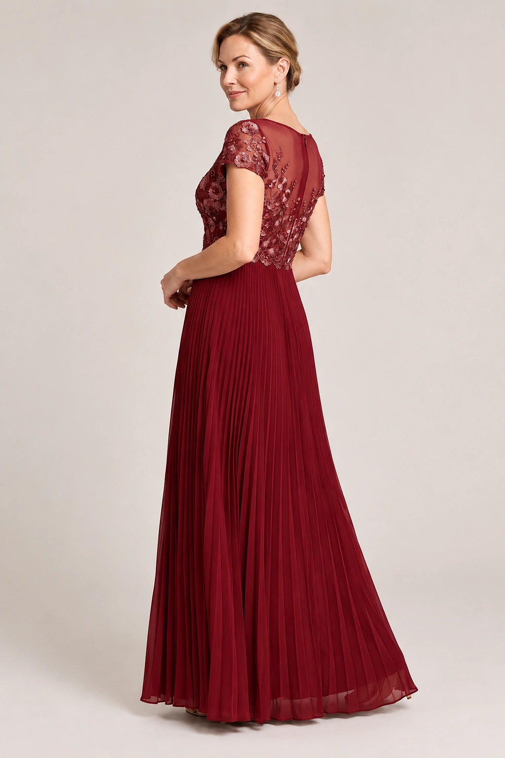 Embroidered Lace Pleated Mother of the Bride Dress