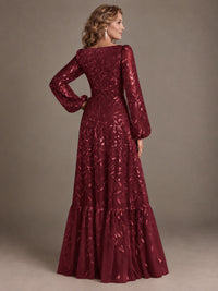 Floral Sequin Embroidered A-Line Mother of the Bride Dress with Long Sleeves