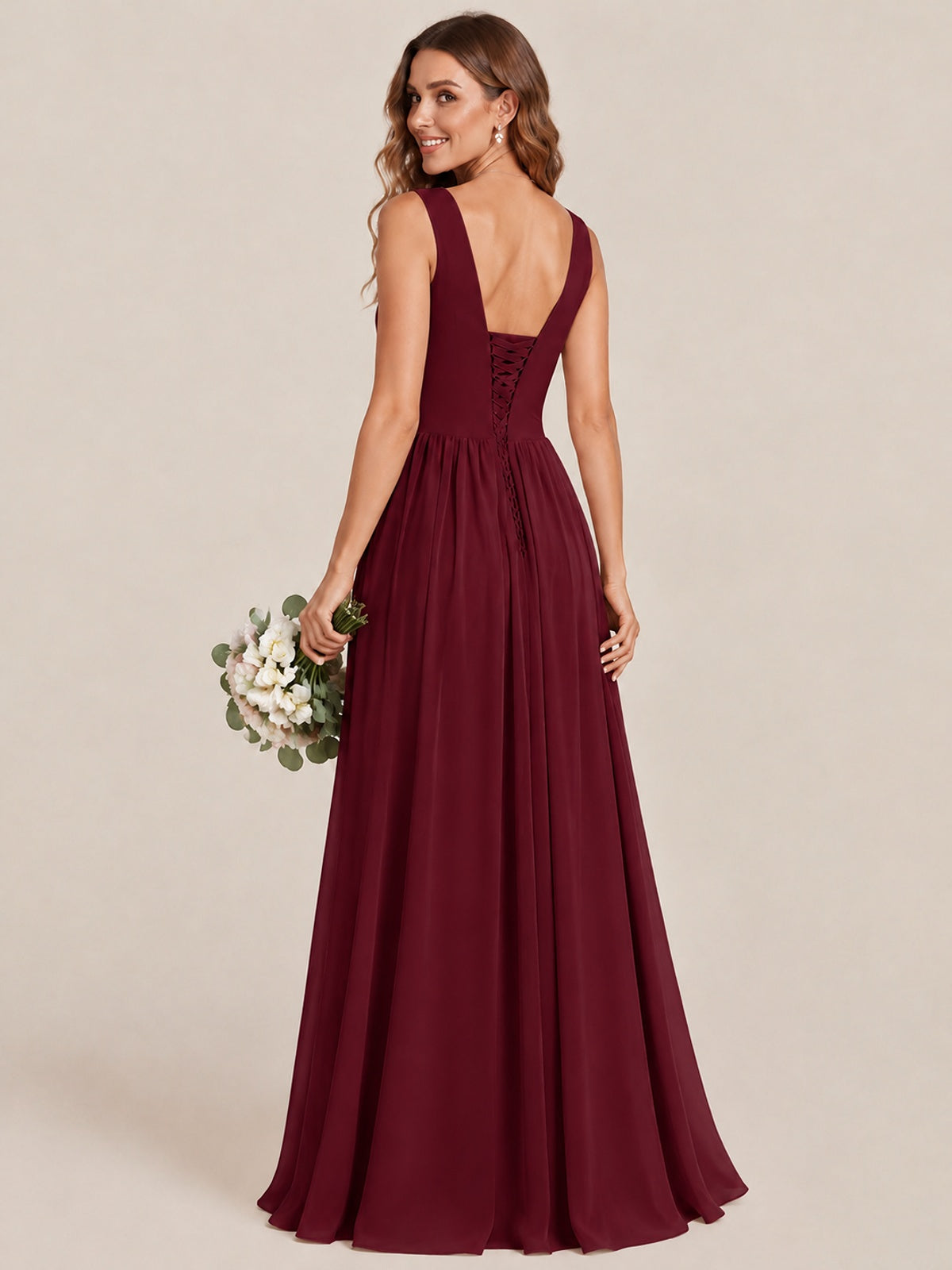 A-line Sleeveless Rucehd Chiffon Bridesmaid Dress with High Slit